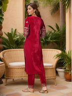 Thread & Sequined Embroidered Velvet Kurta With Pant & Embroidered Dupatta, Pink - Hiral Fashion | Grocsy