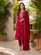 Thread & Sequined Embroidered Velvet Kurta With Pant & Embroidered Dupatta, Pink - Hiral Fashion | Grocsy