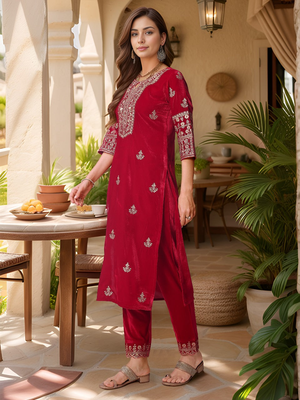 Thread & Sequined Embroidered Velvet Kurta With Pant & Embroidered Dupatta, Pink - Hiral Fashion | Grocsy