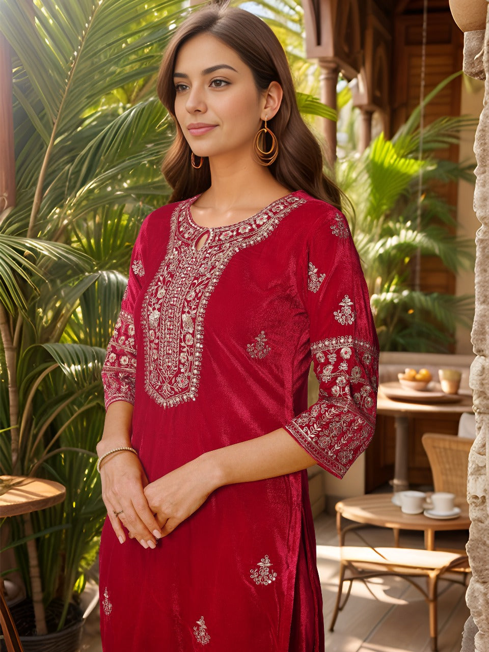 Thread & Sequined Embroidered Velvet Kurta With Pant & Embroidered Dupatta, Pink - Hiral Fashion | Grocsy