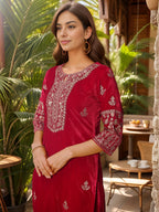 Thread & Sequined Embroidered Velvet Kurta With Pant & Embroidered Dupatta, Pink - Hiral Fashion | Grocsy