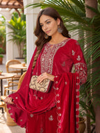 Thread & Sequined Embroidered Velvet Kurta With Pant & Embroidered Dupatta, Pink - Hiral Fashion | Grocsy