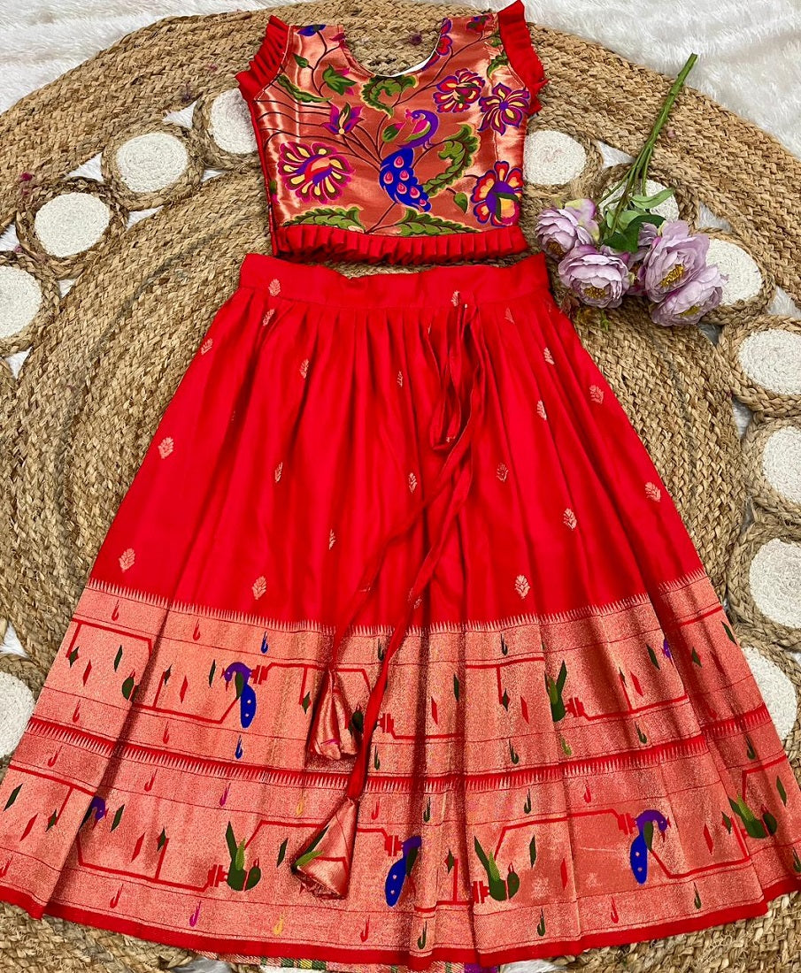 Evanik Designer Red Soft Silk Paithani Design Lehenga Choli For Girls-Party & Ethnic Wear | Grocsy