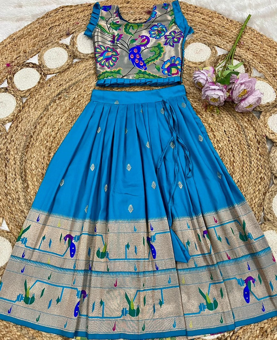 Evanik Designer Firozi Blue Soft Silk Paithani Design Lehenga Choli For Girls-Party & Ethnic Wear | Grocsy