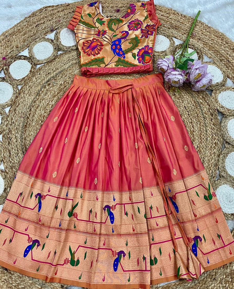 Evanik Designer Coral Pink Soft Silk Paithani Design Lehenga Choli For Girls-Party & Ethnic Wear | Grocsy
