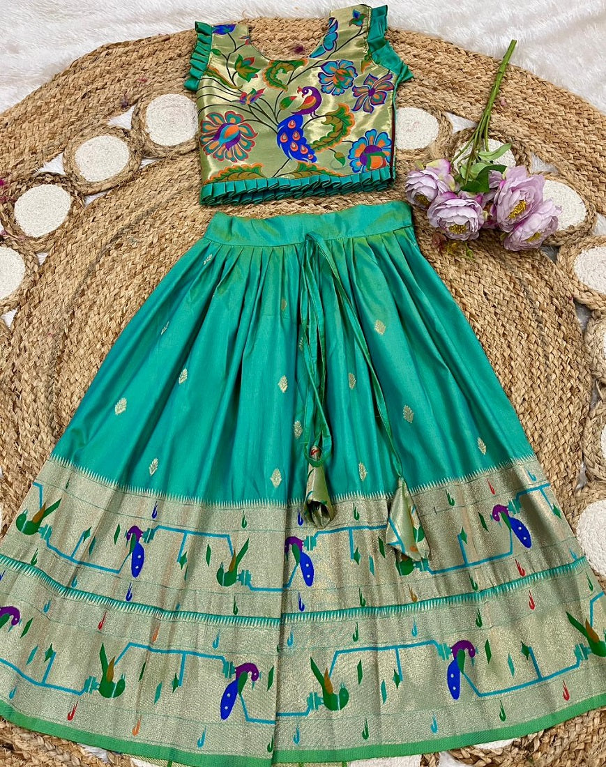 Evanik Designer Bottlegreen Soft Silk Paithani Design Lehenga Choli For Girls-Party & Ethnic Wear | Grocsy