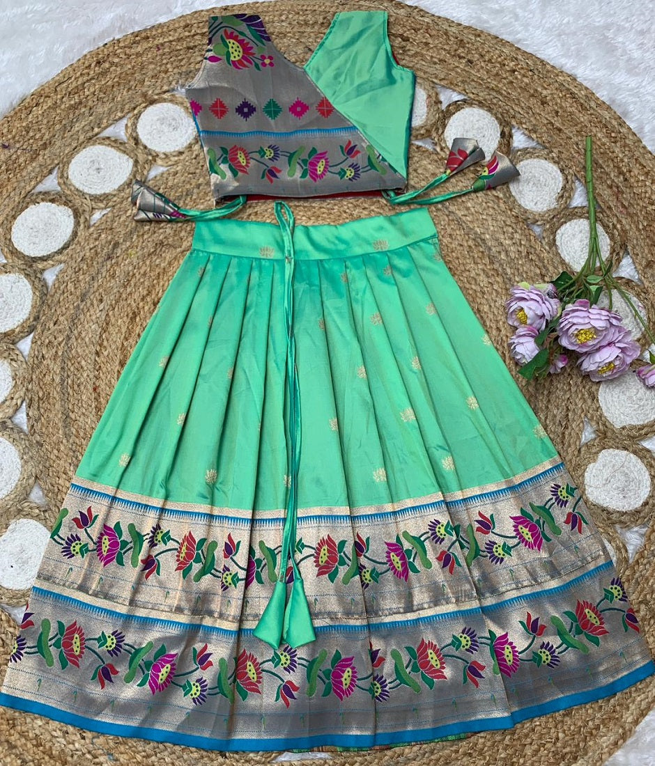 Evanik Turquoise Kids Paithani Silk Lotus Pattern Lehenga Choli | Grocsy