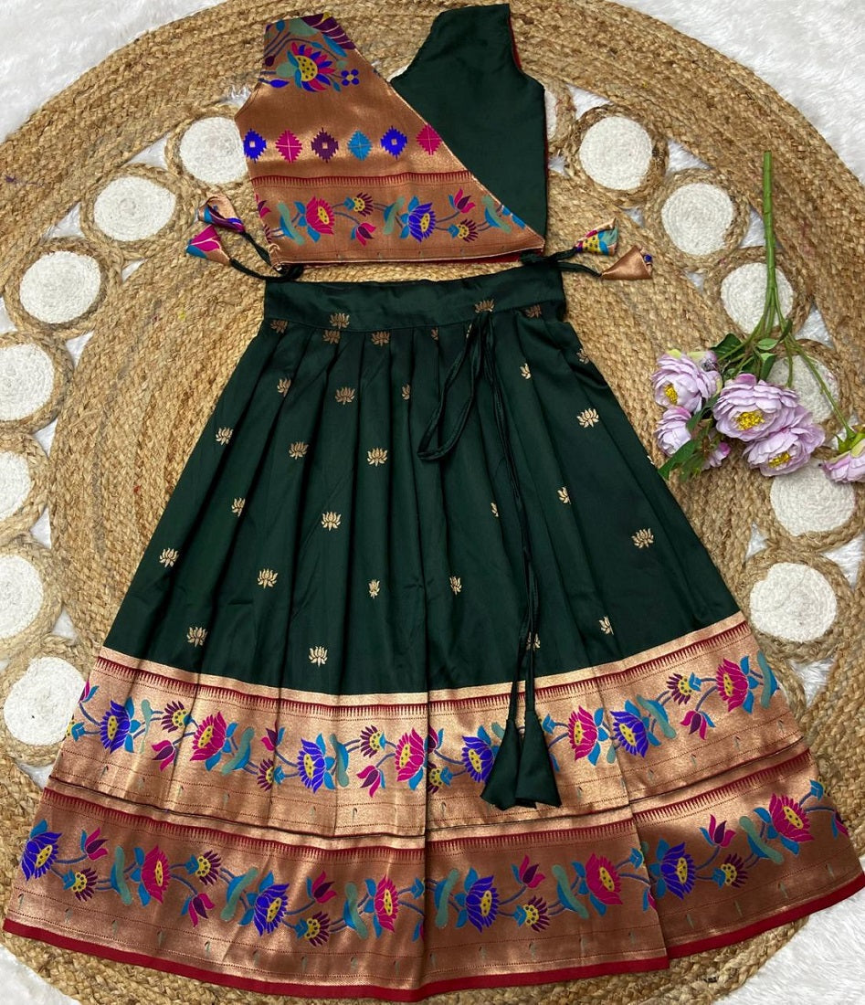 Evanik Green Kids Paithani Silk Lotus Pattern Lehenga Choli | Grocsy
