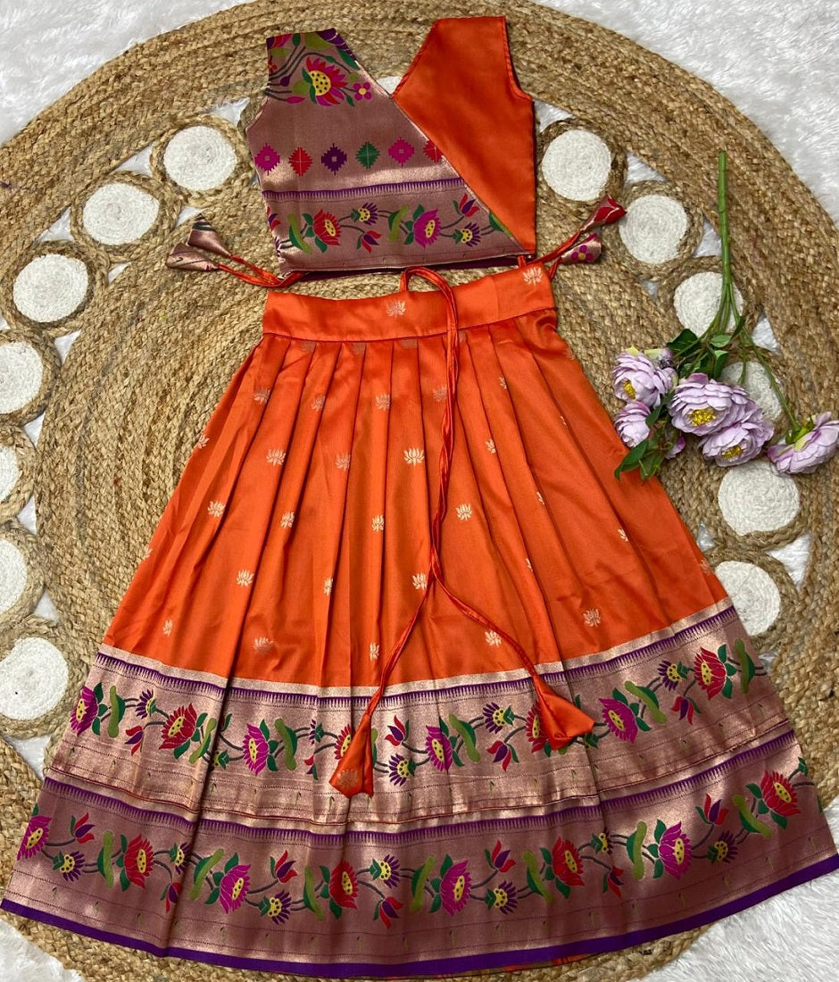 Evanik Orange Kids Paithani Silk Lotus Pattern Lehenga Choli | Grocsy