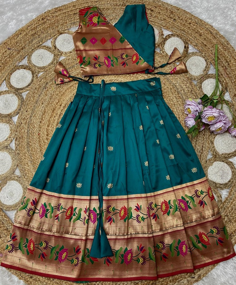 Evanik Blue Kids Paithani Silk Lotus Pattern Lehenga Choli | Grocsy