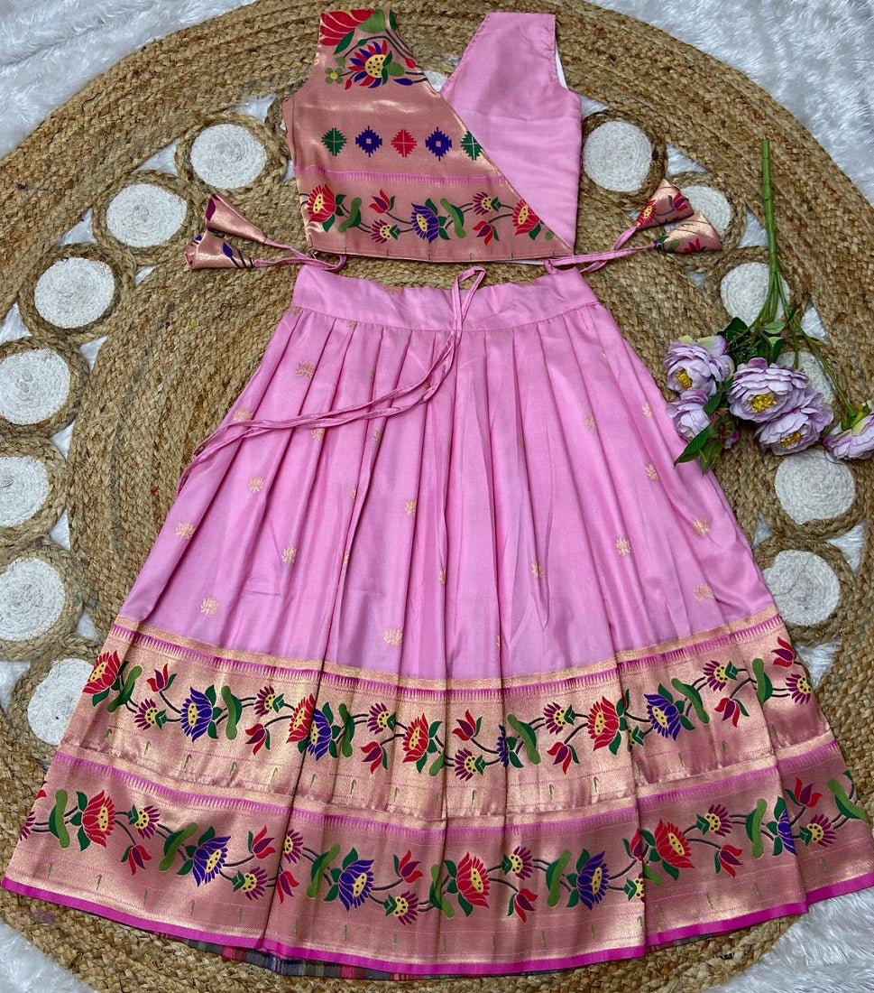 Evanik Pink Kids Paithani Silk Lotus Pattern Lehenga Choli | Grocsy