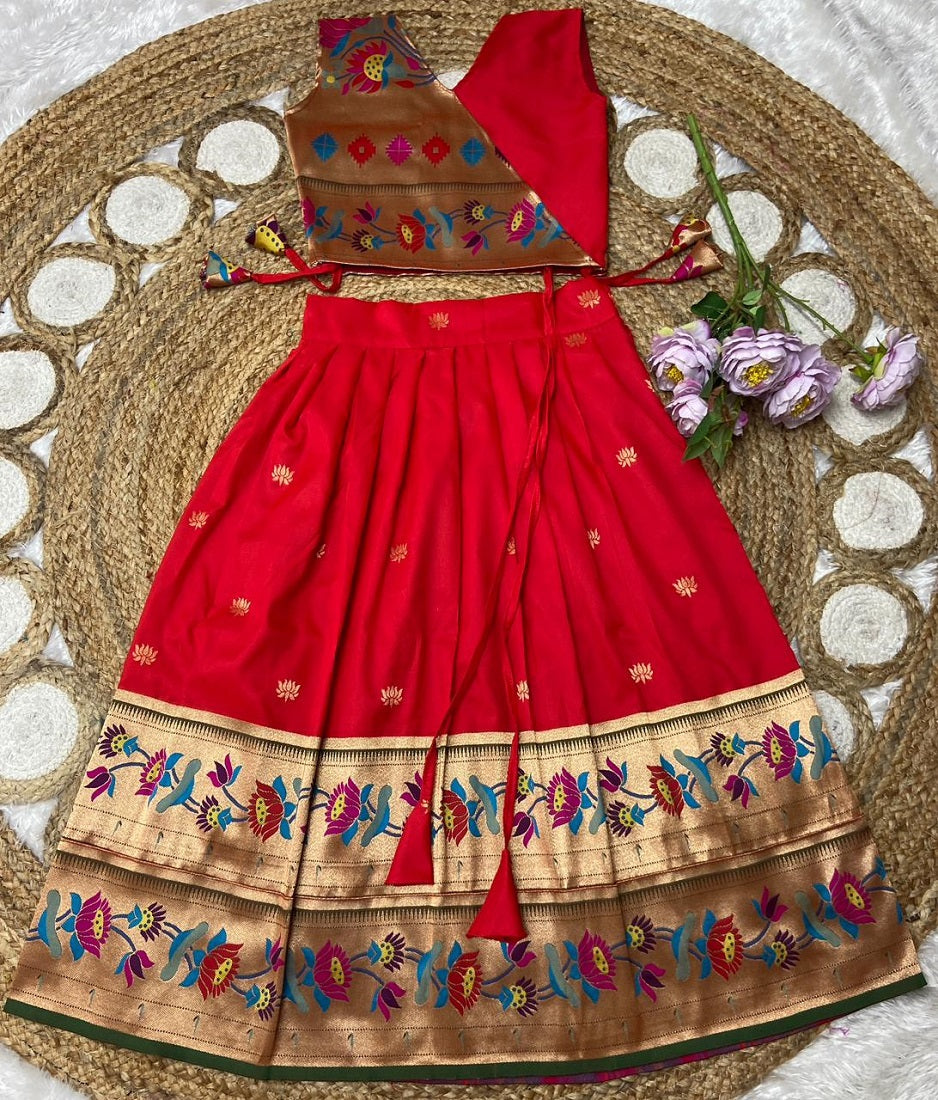 Evanik Red Kids Paithani Silk Lotus Pattern Lehenga Choli | Grocsy