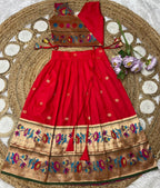 Evanik Red Kids Paithani Silk Lotus Pattern Lehenga Choli | Grocsy