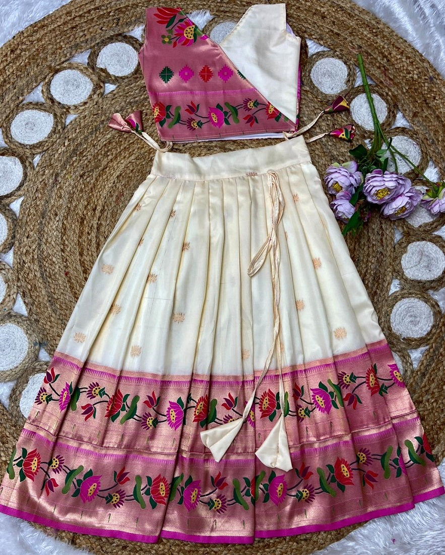 Evanik White Kids Paithani Silk Lotus Pattern Lehenga Choli | Grocsy