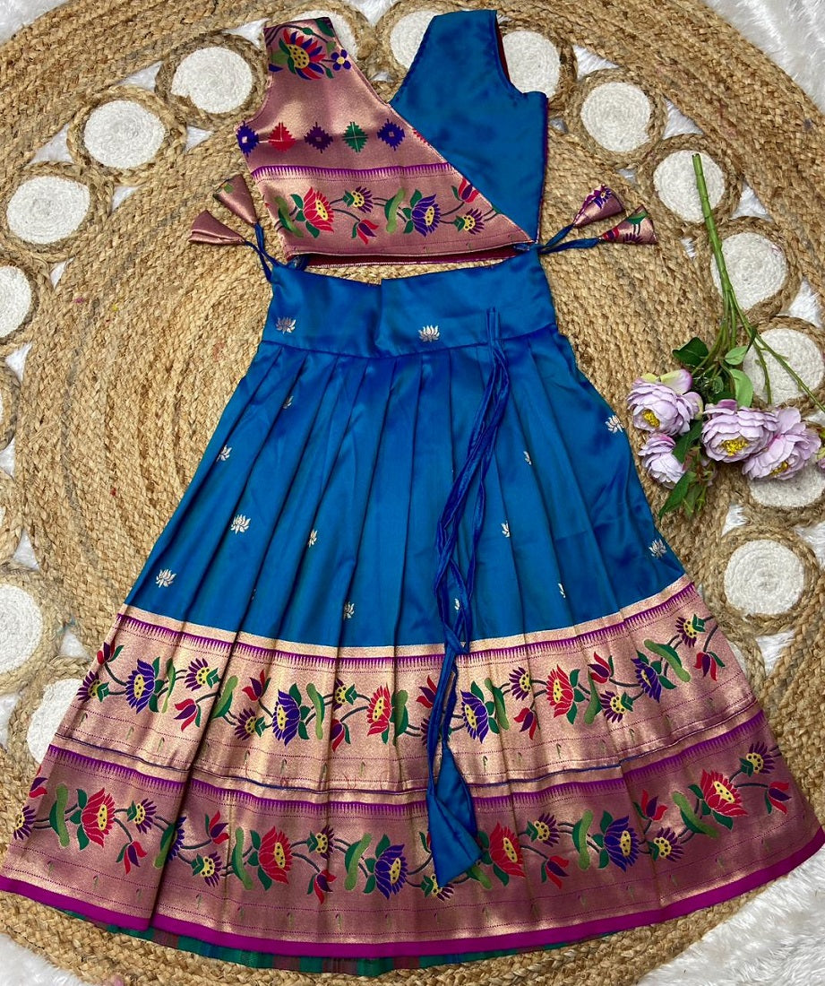 Evanik Blue Kids Paithani Silk Lotus Pattern Lehenga Choli | Grocsy