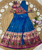 Evanik Blue Kids Paithani Silk Lotus Pattern Lehenga Choli | Grocsy