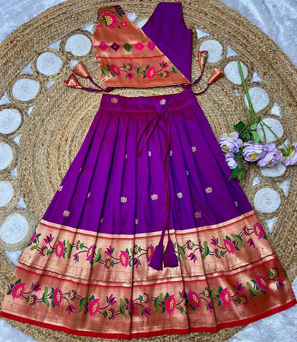 Evanik Purple Kids Paithani Silk Lotus Pattern Lehenga Choli | Grocsy