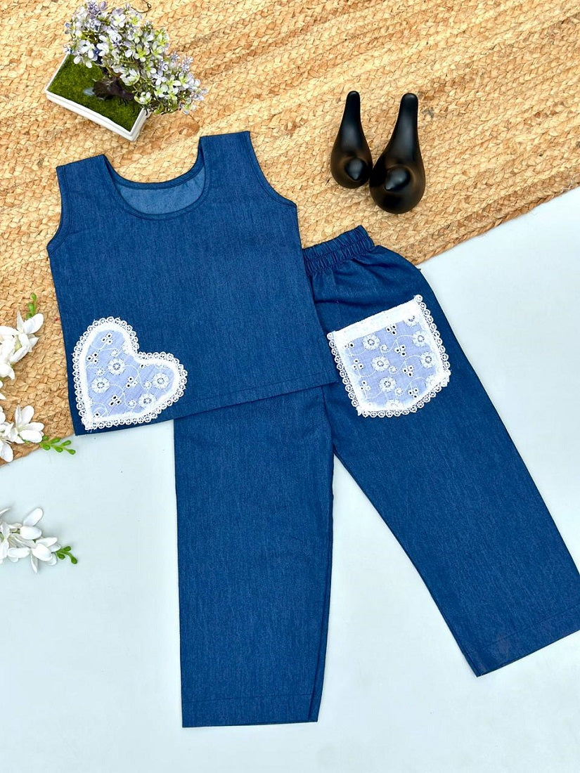 Evanik Blue Kids Denim Summer Co-Ord Set With Lace Heart & Pocket | Grocsy