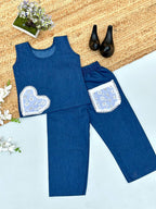 Evanik Blue Kids Denim Summer Co-Ord Set With Lace Heart & Pocket | Grocsy