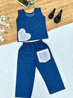 Evanik Blue Kids Denim Summer Co-Ord Set With Lace Heart & Pocket | Grocsy