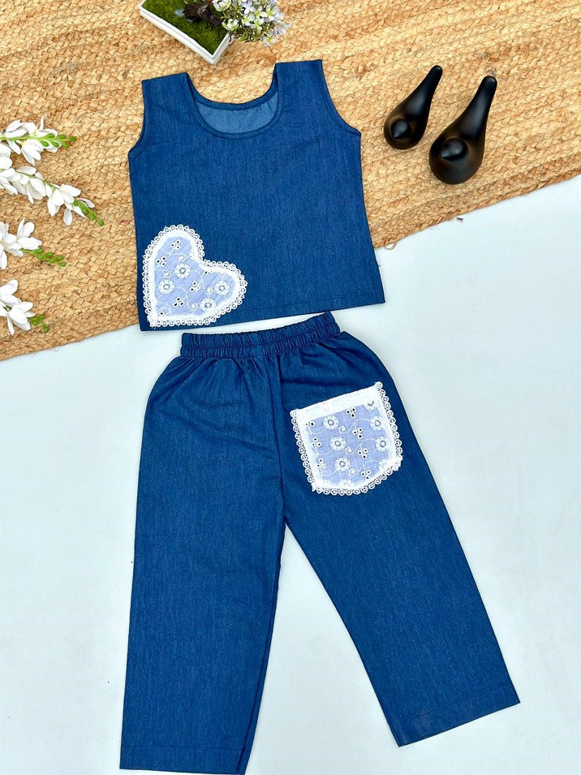 Evanik Blue Kids Denim Summer Co-Ord Set With Lace Heart & Pocket | Grocsy