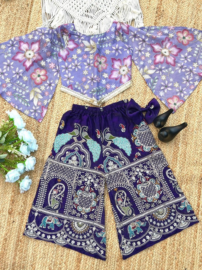 Evanik Lavender Chinon With Position Print And Embroidered Work Palazzo Set for Kids | Grocsy