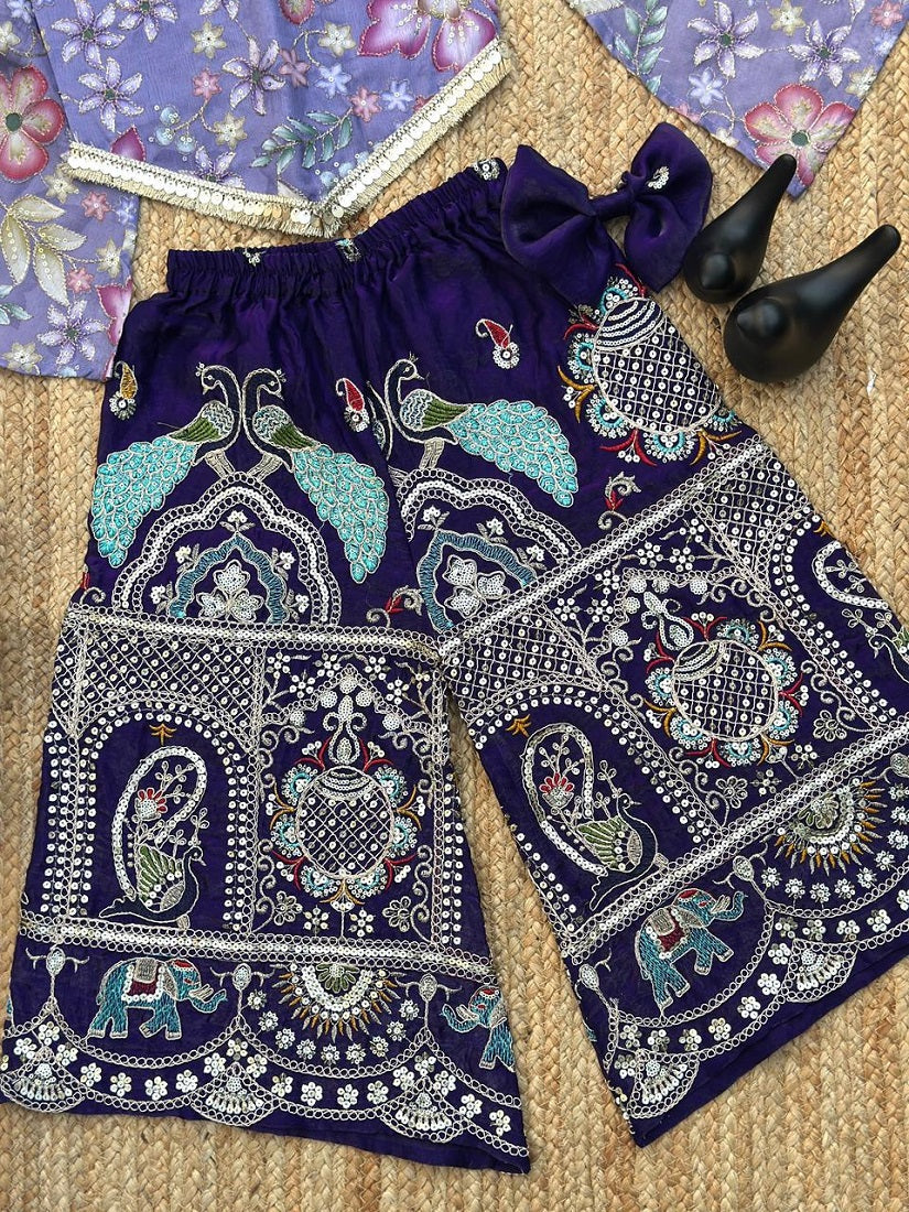 Evanik Lavender Chinon With Position Print And Embroidered Work Palazzo Set for Kids | Grocsy