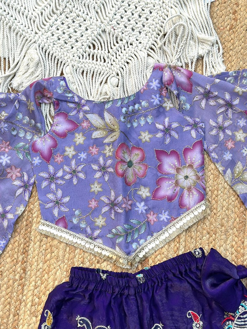 Evanik Lavender Chinon With Position Print And Embroidered Work Palazzo Set for Kids | Grocsy