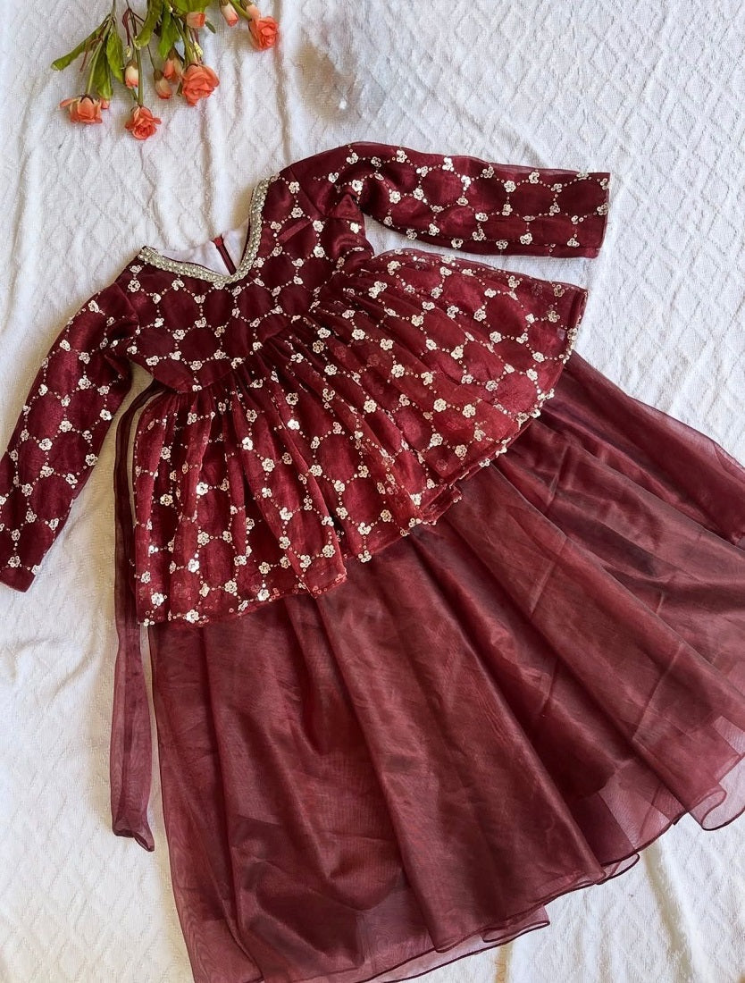 Evanik Maroon Embroidered Work Kids Twill Net Lehenga Choli Set | Grocsy