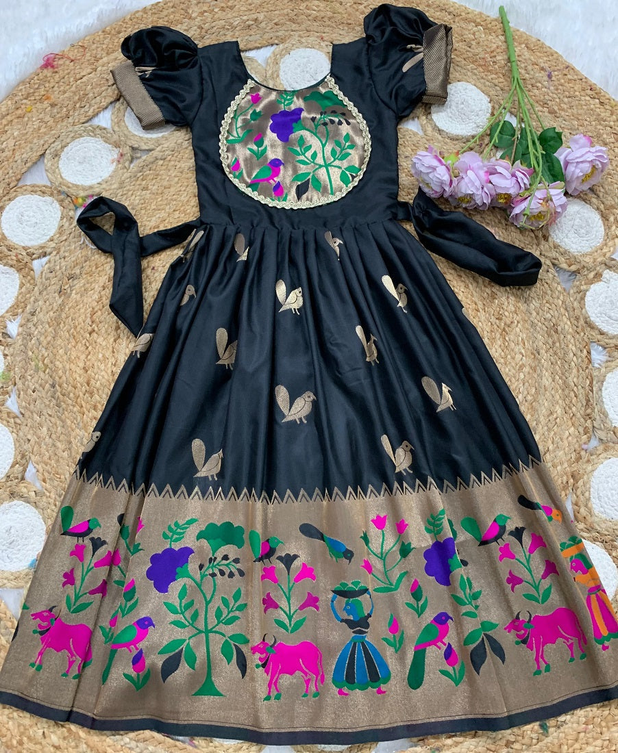 Evanik Black Soft Paithani Silk Zari Weaving Birds Pattern Kids Gown | Grocsy