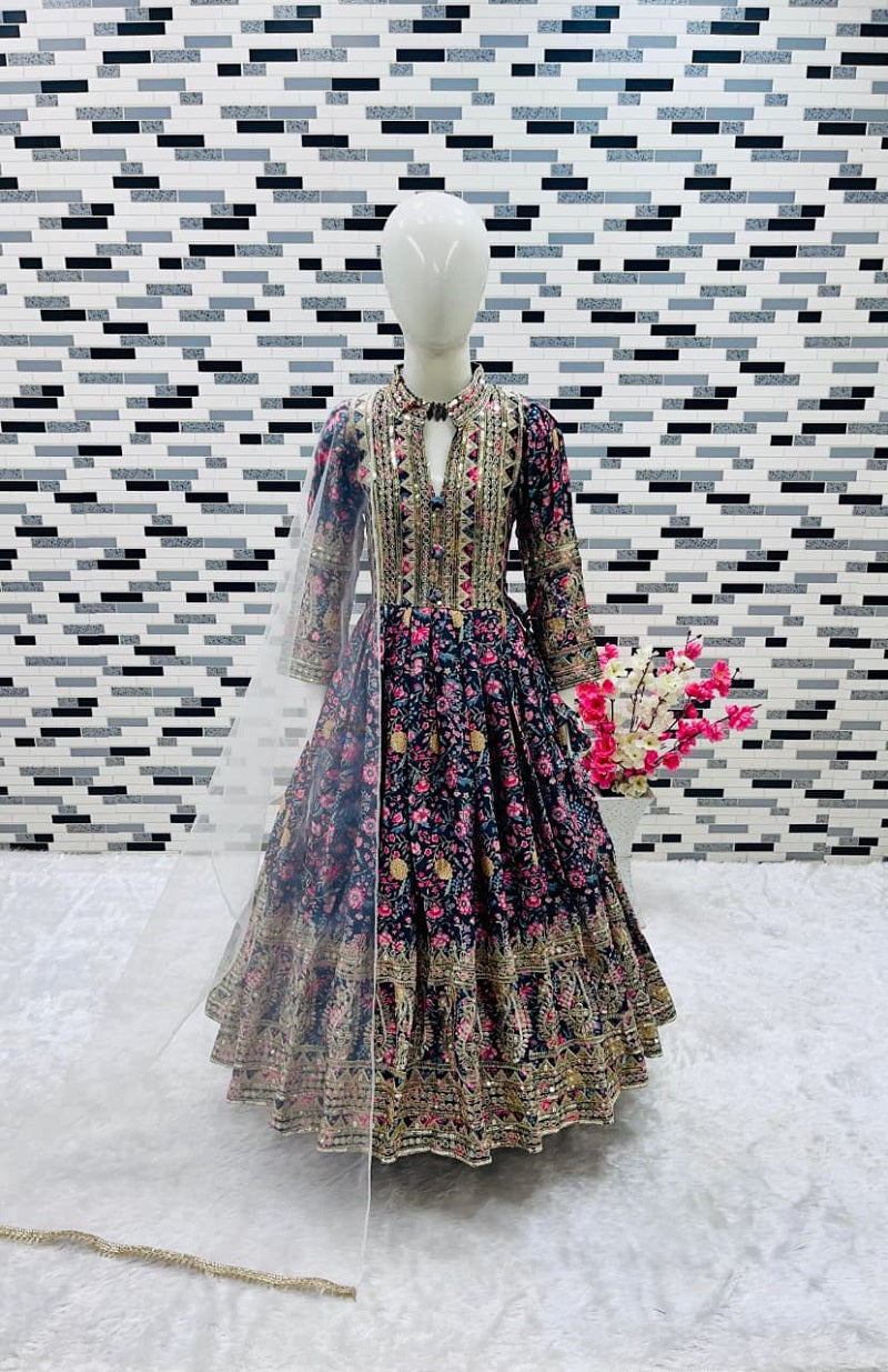 Evanik Black Kids Chinon Silk Digital Print With Embroidered Work Wedding Gown | Grocsy