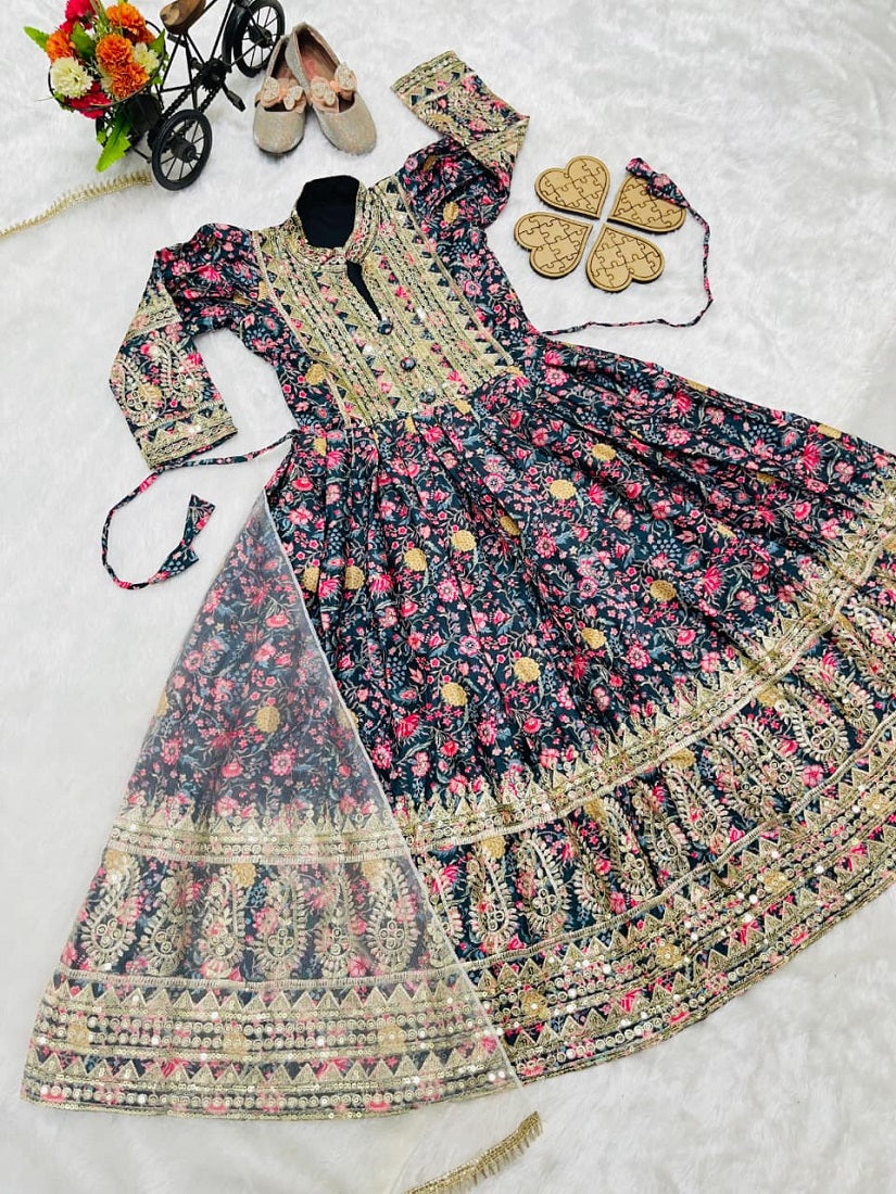 Evanik Black Kids Chinon Silk Digital Print With Embroidered Work Wedding Gown | Grocsy