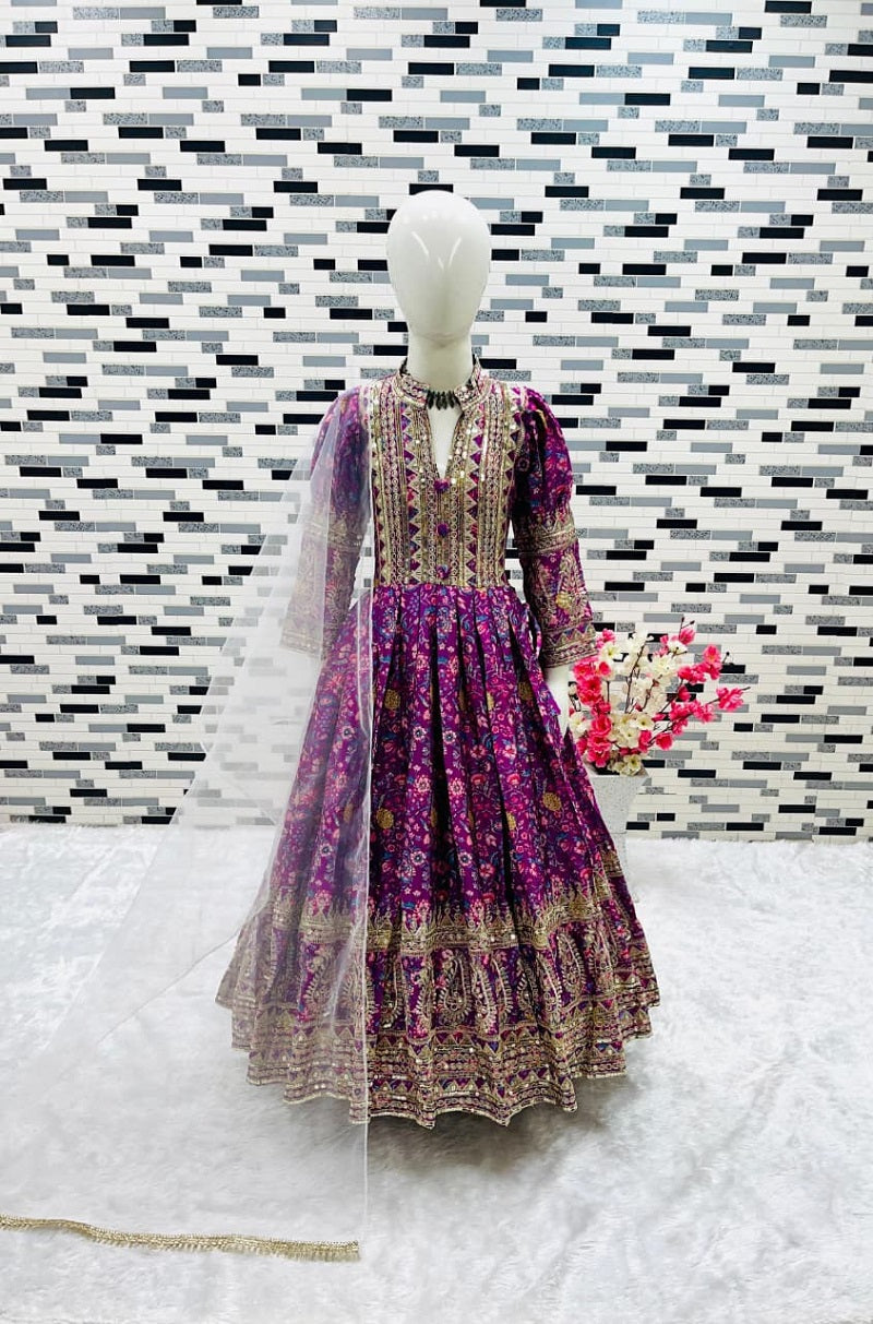 Evanik Purple Kids Chinon Silk Digital Print With Embroidered Work Wedding Gown | Grocsy