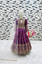 Evanik Purple Kids Chinon Silk Digital Print With Embroidered Work Wedding Gown | Grocsy