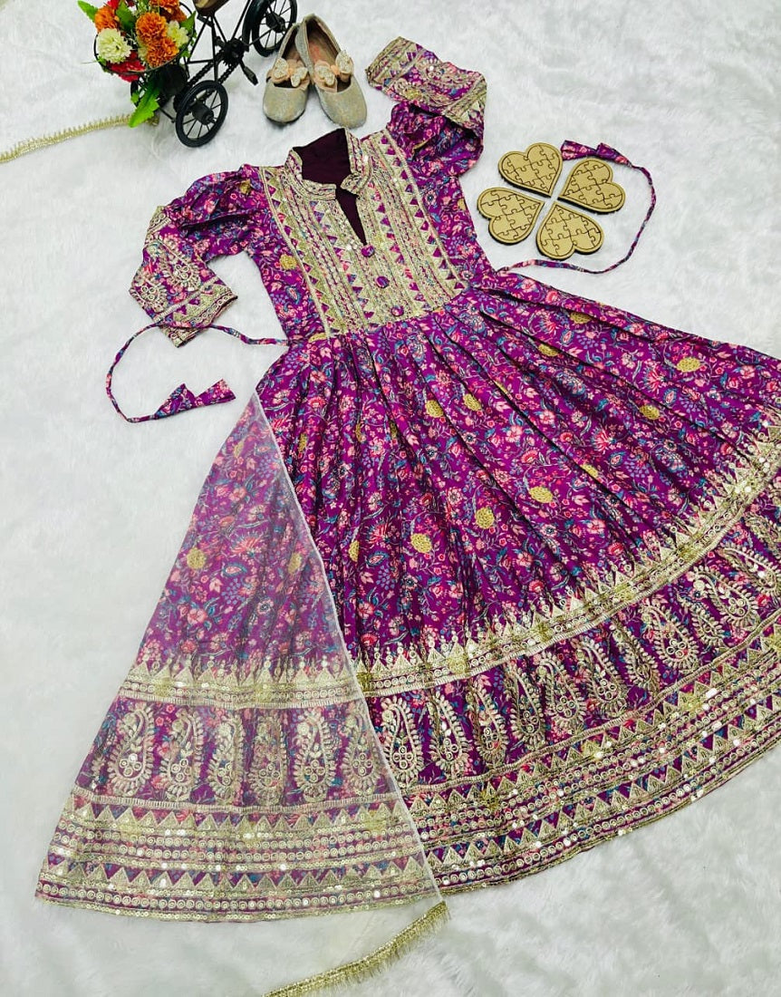 Evanik Purple Kids Chinon Silk Digital Print With Embroidered Work Wedding Gown | Grocsy