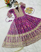 Evanik Purple Kids Chinon Silk Digital Print With Embroidered Work Wedding Gown | Grocsy