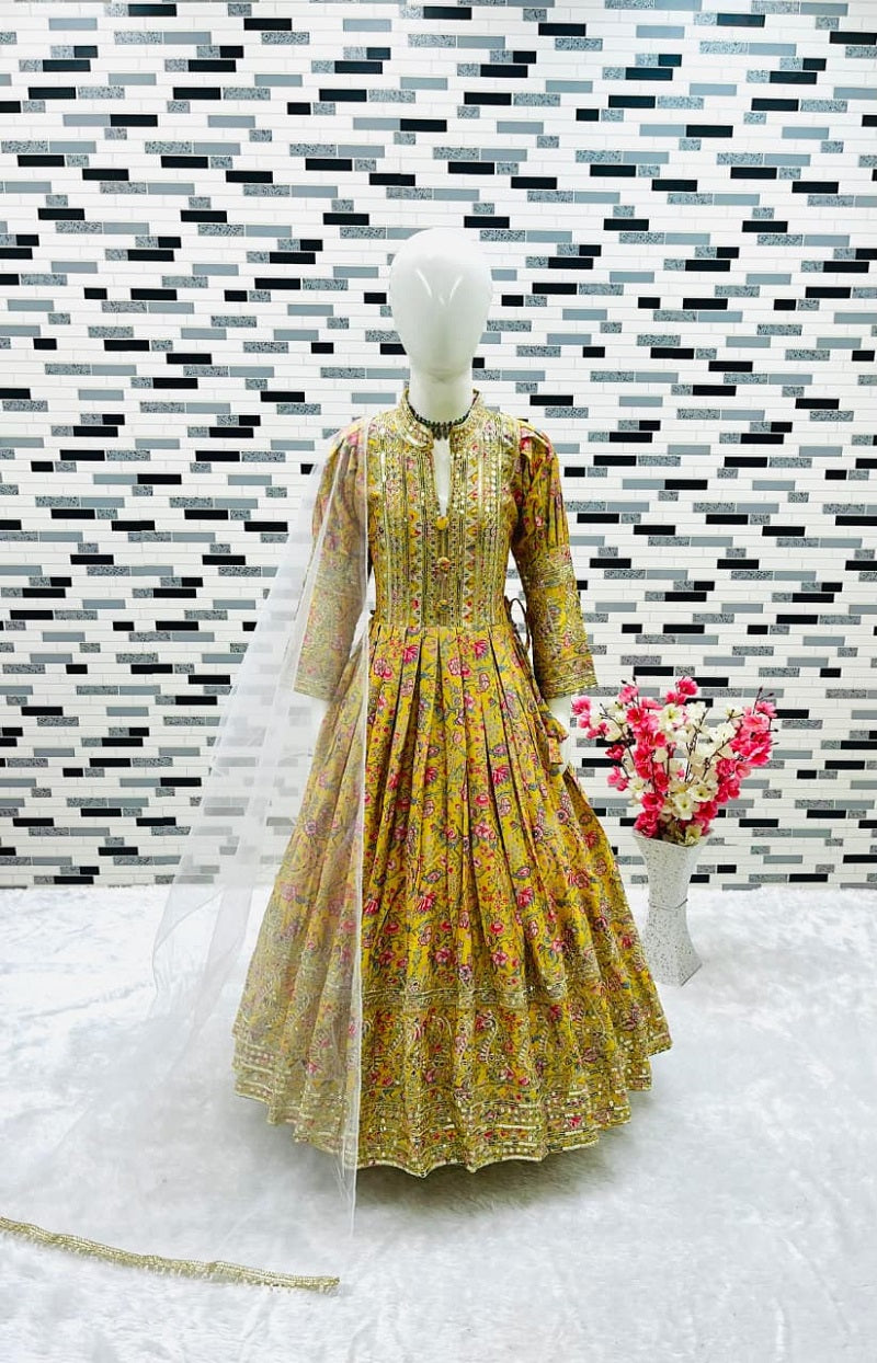 Evanik Yellow Kids Chinon Silk Digital Print With Embroidered Work Wedding Gown | Grocsy