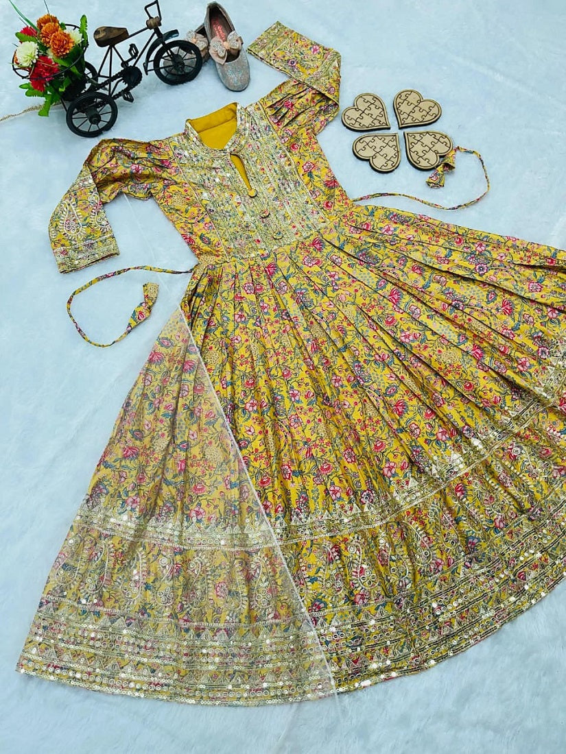 Evanik Yellow Kids Chinon Silk Digital Print With Embroidered Work Wedding Gown | Grocsy
