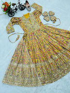 Evanik Yellow Kids Chinon Silk Digital Print With Embroidered Work Wedding Gown | Grocsy