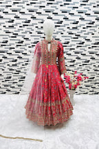 Evanik Red Kids Chinon Silk Digital Print With Embroidered Work Wedding Gown | Grocsy