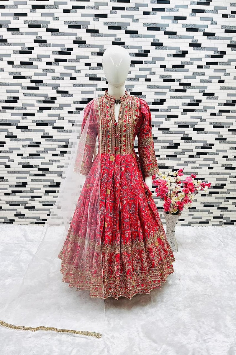 Evanik Red Kids Chinon Silk Digital Print With Embroidered Work Wedding Gown | Grocsy