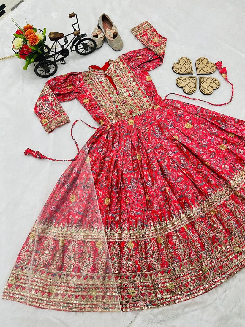 Evanik Red Kids Chinon Silk Digital Print With Embroidered Work Wedding Gown | Grocsy