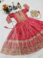 Evanik Red Kids Chinon Silk Digital Print With Embroidered Work Wedding Gown | Grocsy