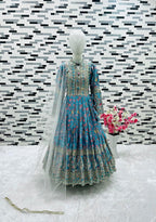 Evanik Turquoise Kids Chinon Silk Digital Print With Embroidered Work Wedding Gown | Grocsy