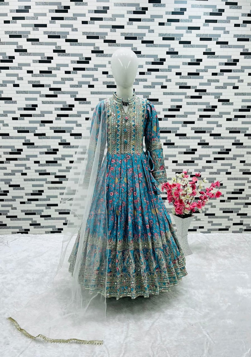 Evanik Turquoise Kids Chinon Silk Digital Print With Embroidered Work Wedding Gown | Grocsy