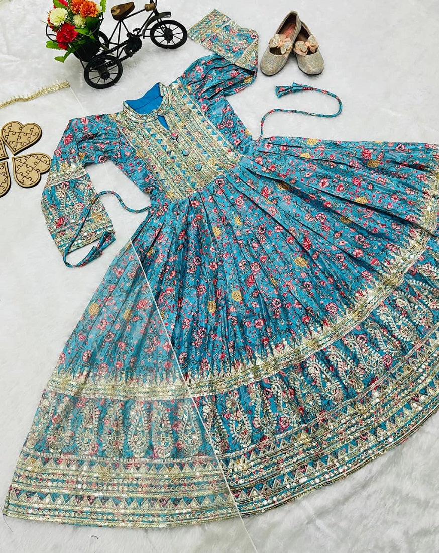 Evanik Turquoise Kids Chinon Silk Digital Print With Embroidered Work Wedding Gown | Grocsy