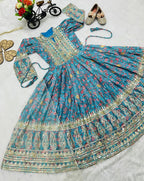 Evanik Turquoise Kids Chinon Silk Digital Print With Embroidered Work Wedding Gown | Grocsy
