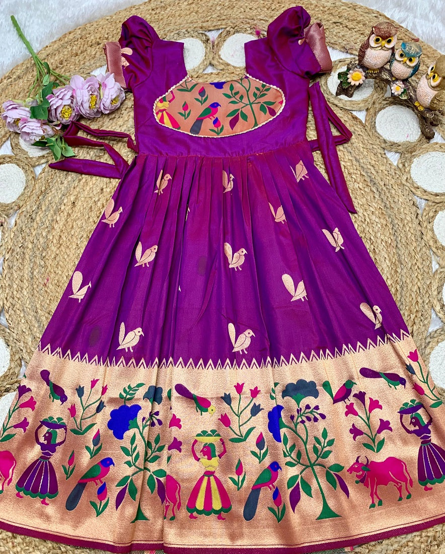 Evanik Purple Soft Paithani Silk Zari Weaving Birds Pattern Kids Gown | Grocsy