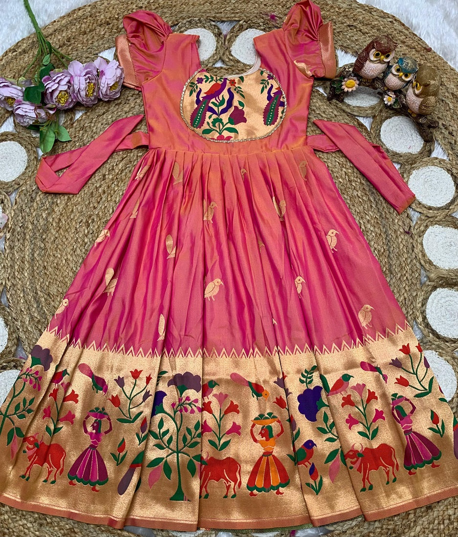 Evanik Pink Soft Paithani Silk Zari Weaving Birds Pattern Kids Gown | Grocsy