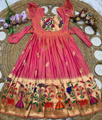 Evanik Pink Soft Paithani Silk Zari Weaving Birds Pattern Kids Gown | Grocsy